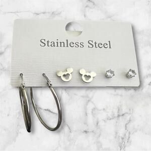 Stainless Steel Mouse, Hoop And Stud Earrings. 3 Pairs In One